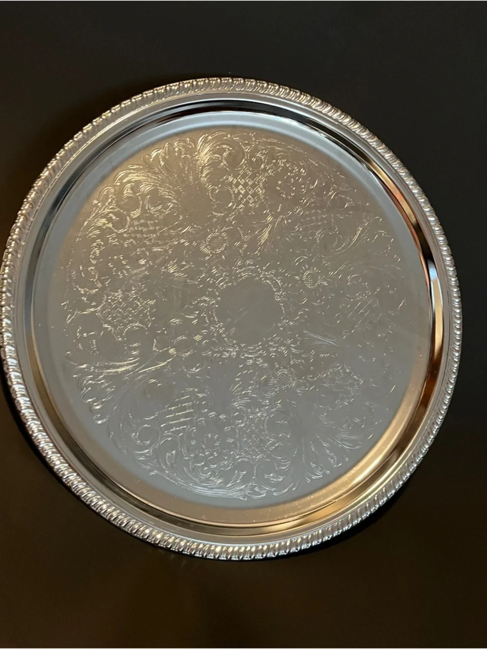 VTG Irvinware Chrome Plated 12.5 Inch Round Serving Tray Etched Design Made USA